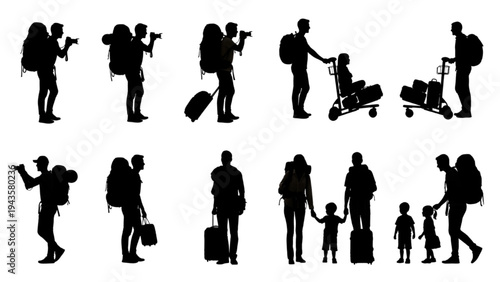 Diverse silhouettes depicting travelers embarking on journeys with luggage, backpacks, and families, showcasing various travel scenarios and experiences