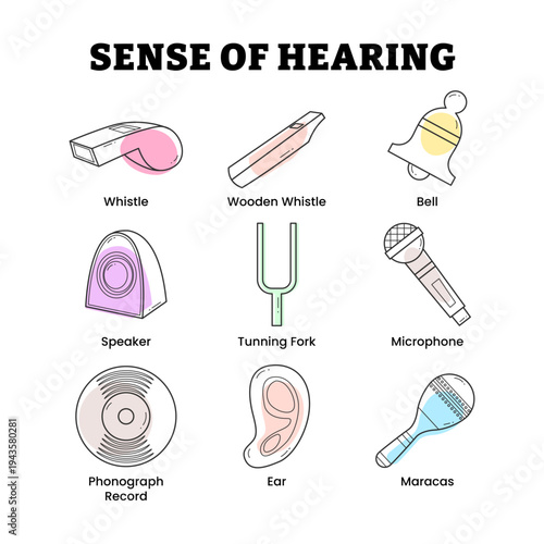 Hear Sense, Human Sense Nervous System Feeling Icon Collection with ear, flute, disk,maracas, Phonograph, record, Tunning, fork, whistle, speaker, microphone, bell. Anatomy Human Body Part