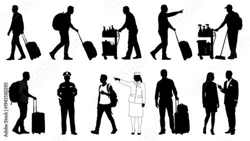 Silhouettes of Travelers and Hotel Service Personnel with Luggage and Trolleys