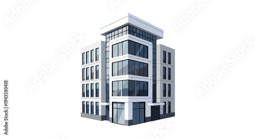 A modern multi-story office building with a white facade and large glass windows stands prominently on a clean white background.