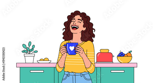 A joyful woman with curly brown hair laughs heartily while holding a blue heart-emblazoned mug in a bright kitchen setting.
