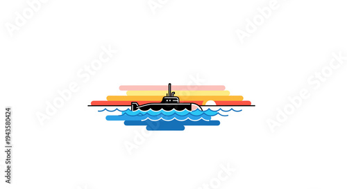 A black submarine with a periscope is partially submerged in blue water under a vibrant striped sunset sky.