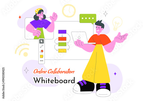 Online Collaboration Whiteboard Tools Vector Illustration With Team Brainstorming, Remote Work Communication, And Digital Planning Board Background