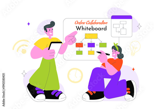 Online Collaboration Whiteboard Tools Vector Illustration With Team Brainstorming, Remote Work Communication, And Digital Planning Board Background