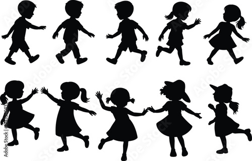 WebFlat vector illustration of children silhouettes walking, running, dancing, playful expressive poses, joyful motion design, abstract human figures, stylish artwork