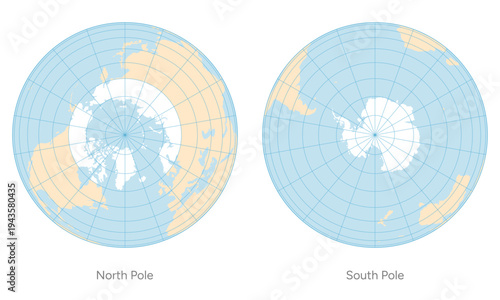 Set of North Pole and South Pole maps with grid lines in  soft color styles. Vector Map Illustration.