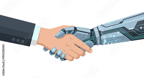 A human hand in a suit sleeve shakes hands with a futuristic robotic hand featuring intricate circuit board patterns and blue lights.