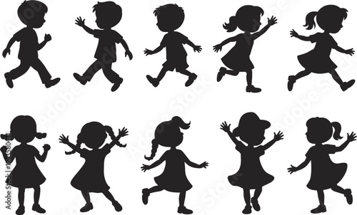 WebFlat vector illustration of children silhouettes running, walking, dancing, playful expressive poses, joyful motion design, abstract human figures artwork