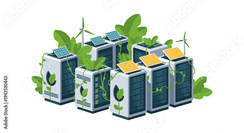 Seven server racks with integrated solar panels and wind turbines are surrounded by lush green foliage on a clean white background.