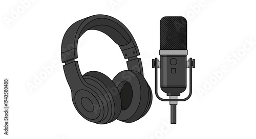 A pair of dark grey over-ear headphones rests beside a professional condenser microphone on a simple white background.