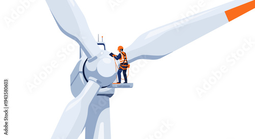 A safety-harnessed worker meticulously inspects the central hub and one blade of a massive wind turbine against a clean white background.