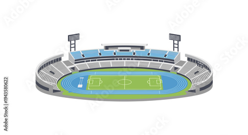 An empty, large-scale sports stadium with a green football field and blue running track is viewed from an isometric perspective against a white background.