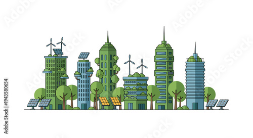 An illustrated eco-friendly city skyline with green buildings, wind turbines, and solar panels stands prominently against a clean white background.