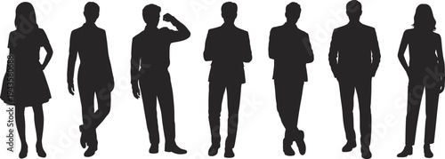 WebFlat vector illustration of diverse silhouettes standing together, professional and casual poses, modern minimal design, abstract human figures stylish artwork