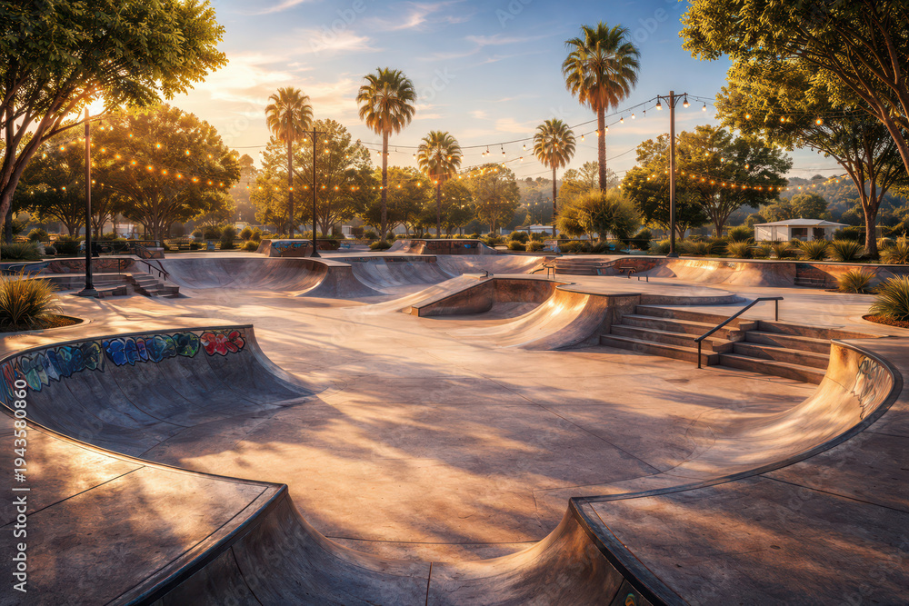 Fototapeta premium A serene skatepark at sunset surrounded by palm trees and warm lights.
