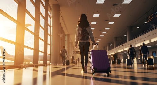 Woman Walking Through Airport Terminal with Suitcase at Sunset