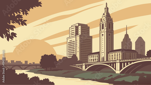 Art Deco Style Urban Skyline View with Historic Tower and Arched Bridge Over River at Sunset columbus skyline vector