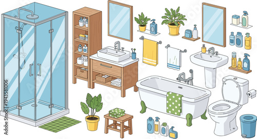 Bathroom interior elements set including shower cabin, bathtub, sink, toilet, mirror and accessories, modern home bathroom furniture vector illustration isolated on white background