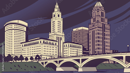 Downtown City Skyline Architectural View Over River and Arch Bridge at Night Stylized Artwork columbus skyline vector