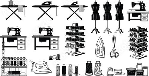 Black and white illustration of sewing tools including sewing machines, mannequins, ironing boards, thread spools, scissors, and irons, symbolizing fashion design, tailoring, and textile artwork proj