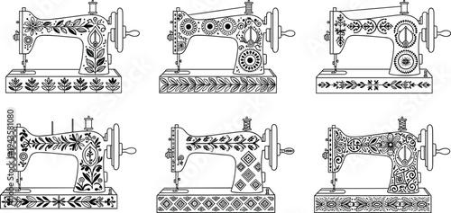 Black and white illustration of six vintage sewing machines with ornate decorative patterns, symbolizing craftsmanship, textile design, fashion history, creativity, and artwork projects