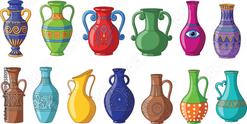 Black and white illustration of twelve decorative vases with unique shapes, ornate patterns, and cultural motifs, symbolizing art, design, tradition, creativity, and artwork projects