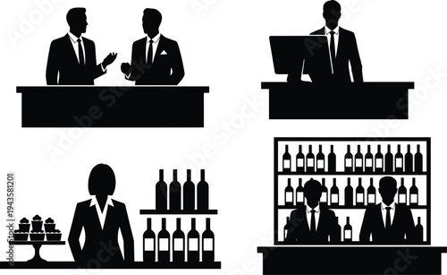 Black and white vector illustration of four workplace counter scenes including reception, cashier, catering, and bar service, artwork concept for hospitality, business, customer service, and design 