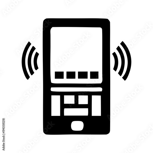 Mobile phone icon vibrating with signal waves, indicating alerts or calls, vibrate, signal, icon, phone, alert, notification, communication, call, technology