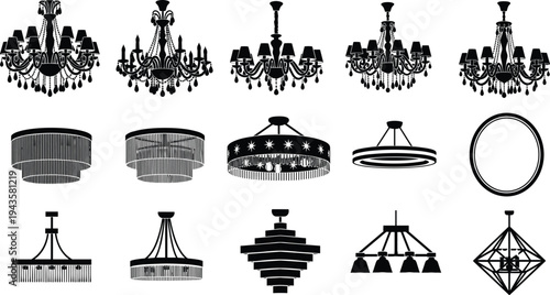 Black and white vector illustration of sixteen chandelier and ceiling light designs including classical, modern, and contemporary styles, artwork concept for interior design, lighting, architect
