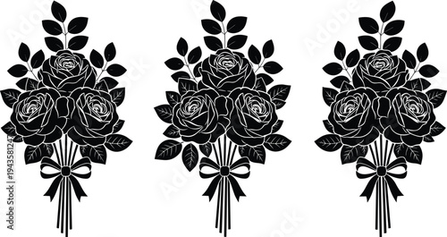 Black and white vector illustration of three identical floral bouquets with roses, leaves, and ribbon ties, artwork concept for decoration, wedding, romance, nature, and design projects