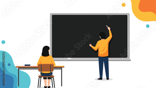 Male teacher writing on a large blackboard while a female student sits at her desk in a classroom setting during a school lesson.