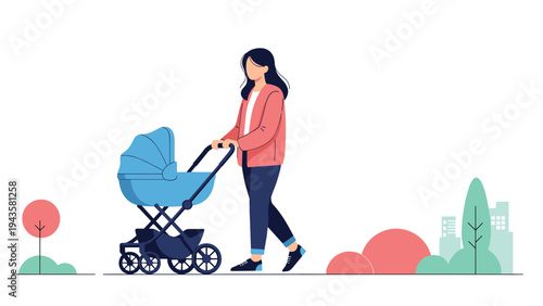 Young woman walking through a public park while pushing a blue baby stroller during a sunny day outdoors in a peaceful neighborhood.