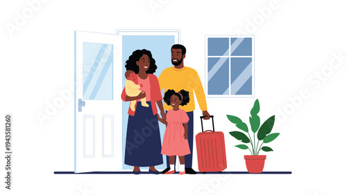 Happy family of four with suitcases standing in the doorway of their house arriving back home from a travel vacation.