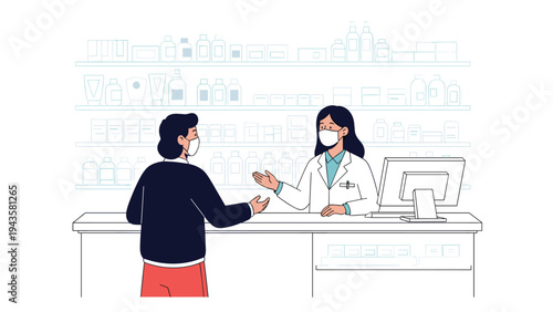 Female pharmacist wearing a face mask and white coat talking to a male customer in a pharmacy with shelves of medicine.