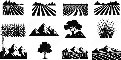 Black and white vector illustrations of rural agricultural landscapes including crop fields, mountains, trees, and natural scenery, symbolizing farming, environment, nature, and crea