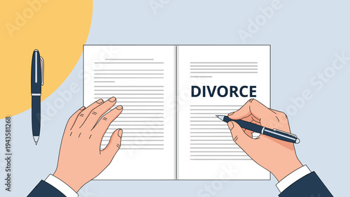 Close-up of person hands signing legal divorce papers on a desk with a professional pen to formalize a marriage separation process.