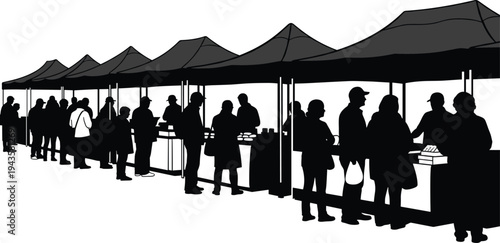 Black silhouette illustration of busy outdoor market with canopy tents, vendors, and people shopping, symbolizing commerce, community, culture, lifestyle, social interaction, and creative artwork p