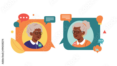 Two elderly Black women having a friendly video call with speech bubbles and various digital communication icons.