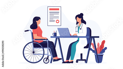 Female doctor in a white coat consulting with a female patient in a wheelchair at a desk with a laptop in a medical clinic.