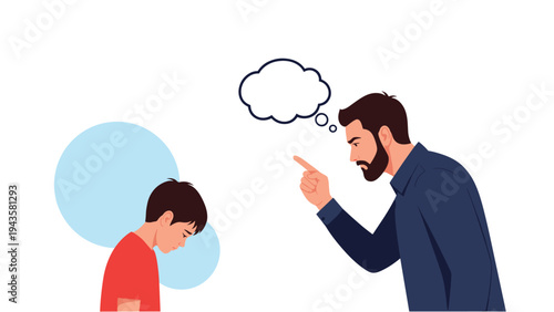 Angry father pointing his finger at a sad young son who is looking down with a thought bubble above representing tension.