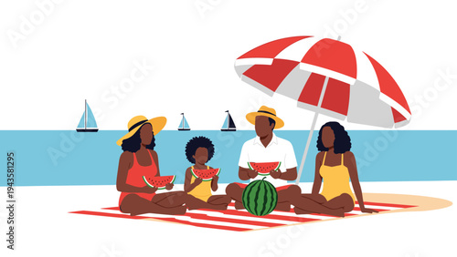 African American family of four having a fun picnic on a white sand beach under a red umbrella and eating watermelon slices.
