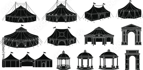 Black silhouette illustration of circus tents, gazebos, and arches with decorative flags and domes, symbolizing events, entertainment, architecture, celebration, and creative artwork projects