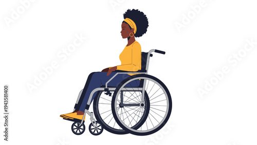 Profile view of a young Black woman with an afro sitting in a wheelchair against a clean white background for accessibility.