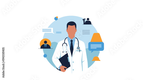 Professional doctor in a white lab coat with a stethoscope and clipboard surrounded by various medical and law icons.