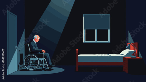 Elderly man sitting in a wheelchair alone in a dark bedroom illuminated by a single beam of light coming through a window.