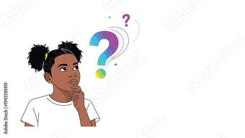 Thoughtful young Black girl in a white shirt looking up with colorful question marks representing ideas or confusion.