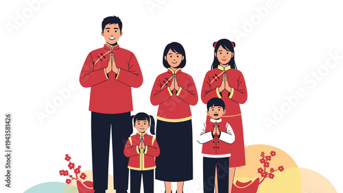 Happy Chinese family in traditional red lunar new year clothing standing together and making a respectful greeting gesture.