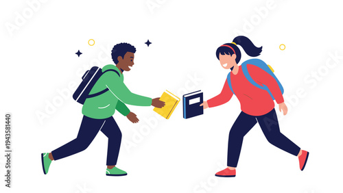 Two happy students running towards each other to exchange books for school learning and academic cooperation.