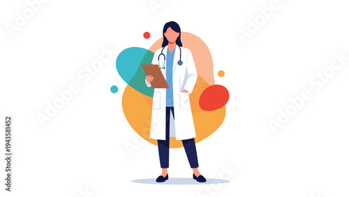 Professional female doctor in a white coat holding a clipboard with medical reports and patient information.