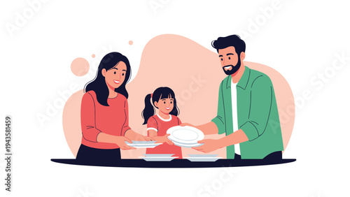 Happy family with a young daughter setting the dining table with white plates for a healthy dinner together.